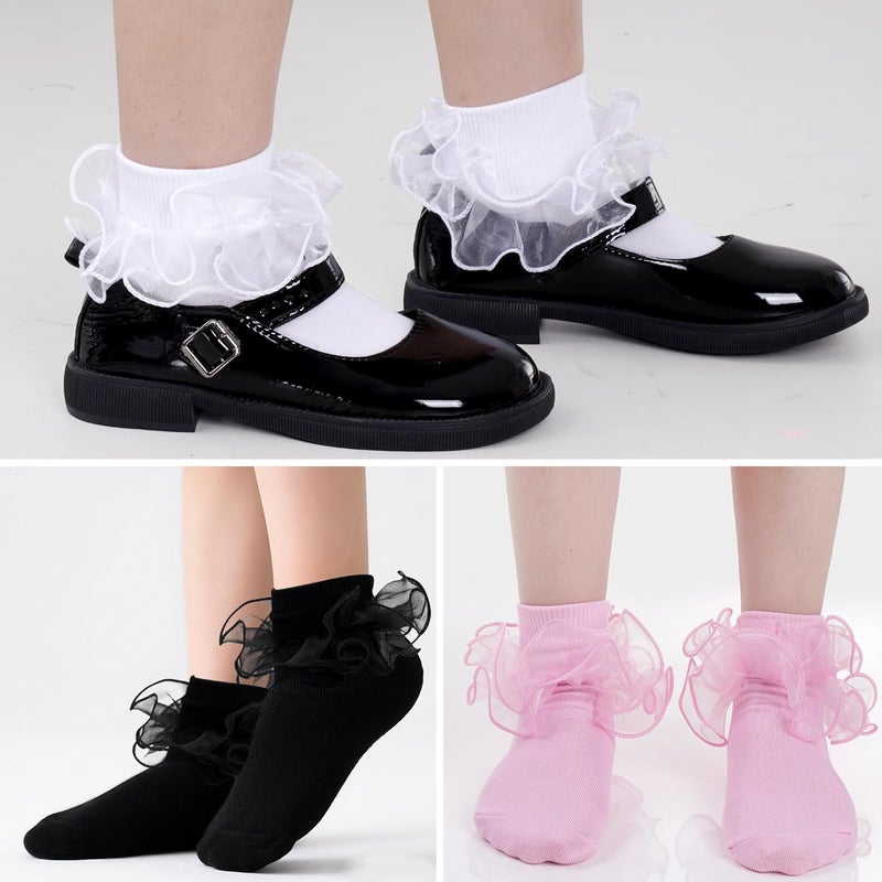 mifengda Girls Ruffle Socks Toddler Ruffle Socks Baby Kids Double Layers Lace Dress Sock Cotton Fluffy Dance Sock - Image 2